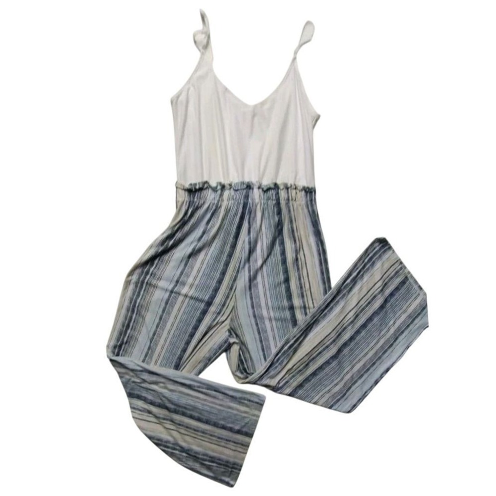 No Comment Striped Jumpsuit Wide Leg Sleeveless‎ Casual White Blue Size L